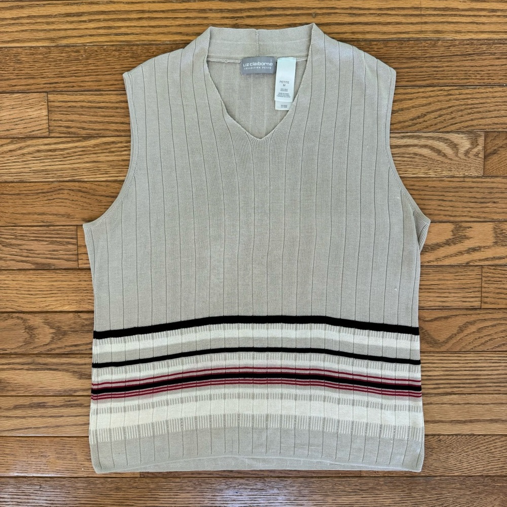 Liz Claiborne Cream and Black V-Neck Sweater